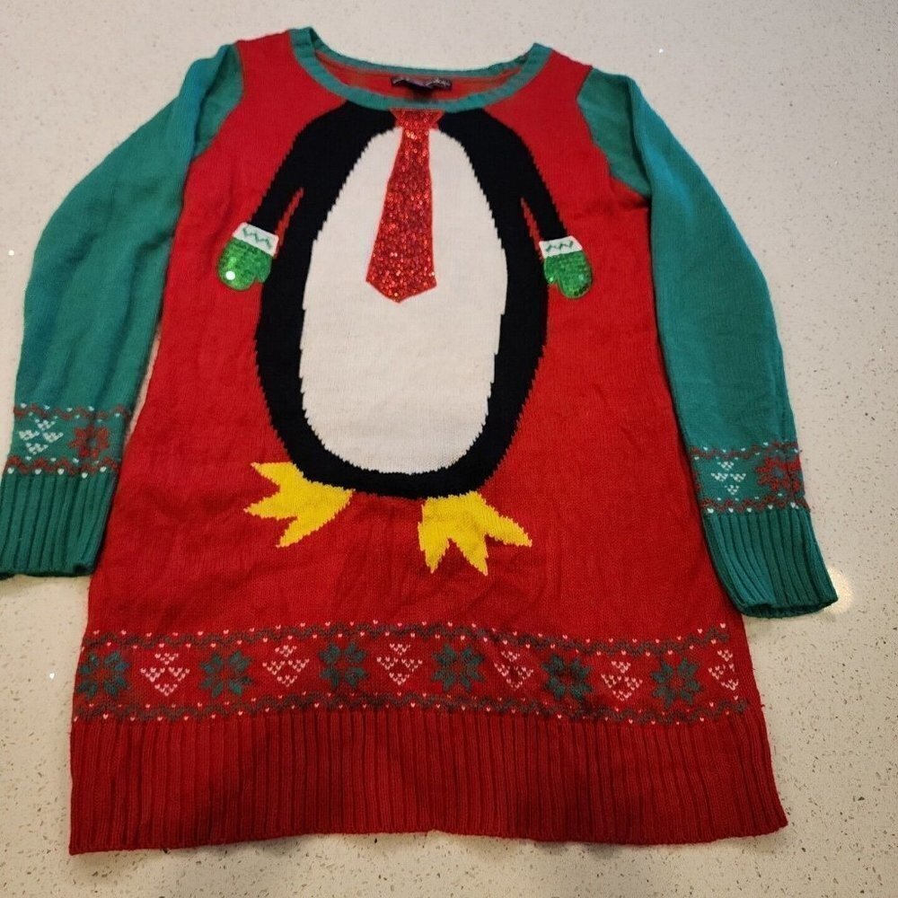 United States Sweaters Holiday Ugly Sweater Christmas Womens M Red green penguin